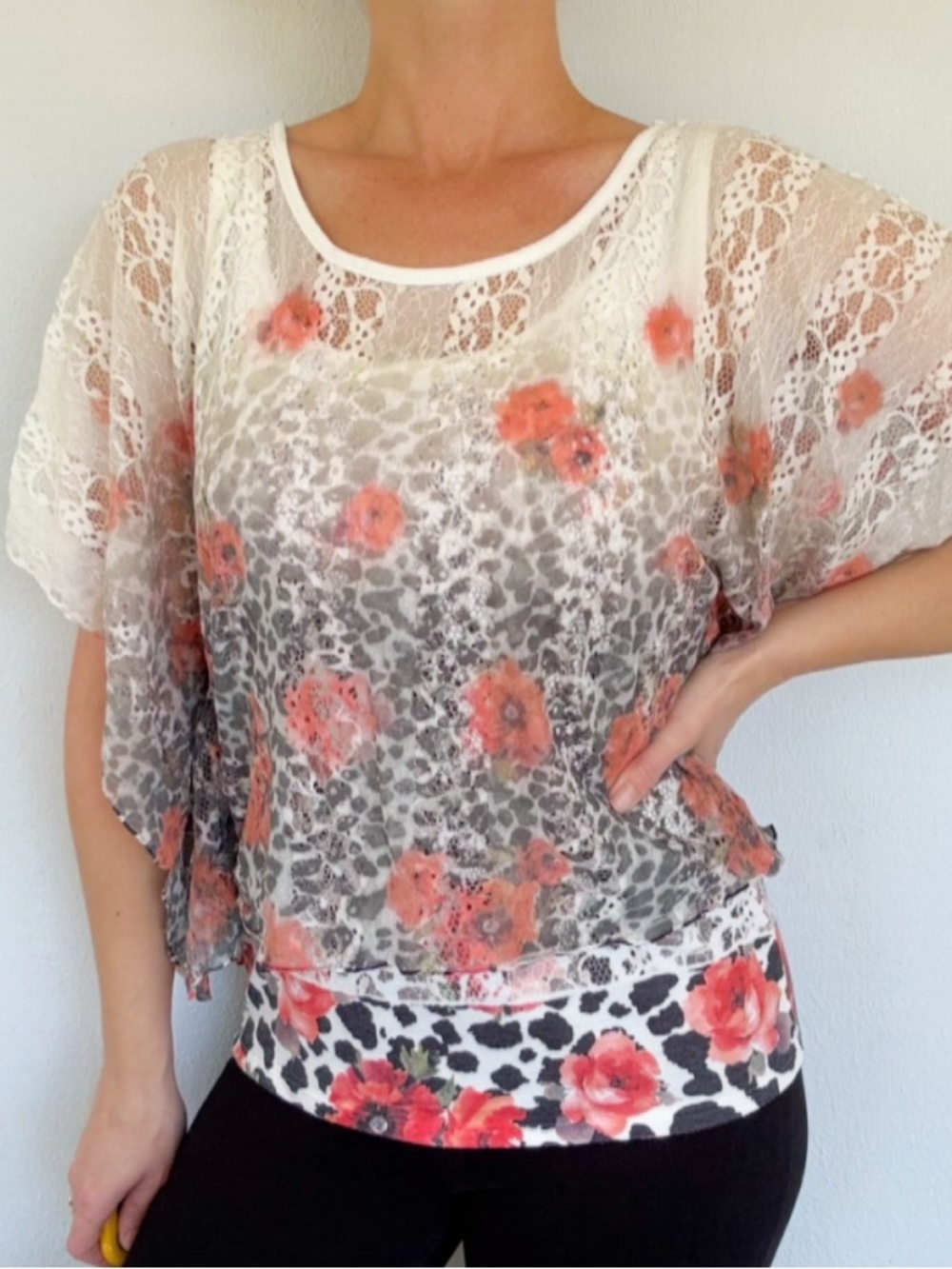 LAVISH cream pink floral leopard draped sheer lace top blouse size small